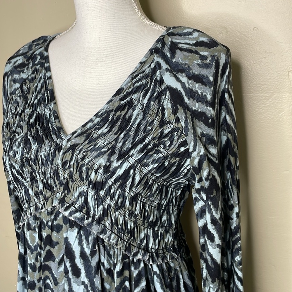 BEACHLUNCHLOUNGE Mini Dress Blue & Olive Smocking Empire Waist Ruffle Boho XS - Picture 4 of 12